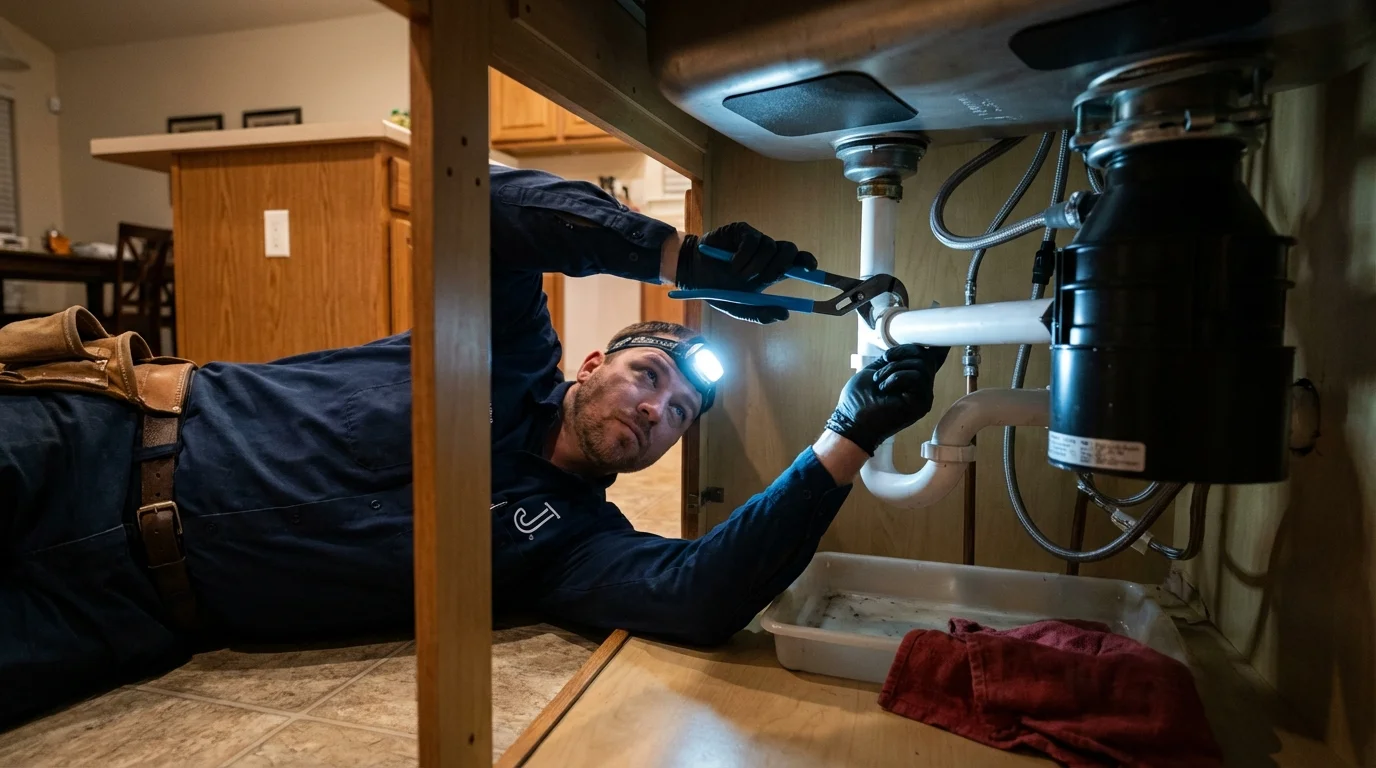 P-trap and supply line connections under a kitchen sink showing a common leak point in Gordonsville, VA